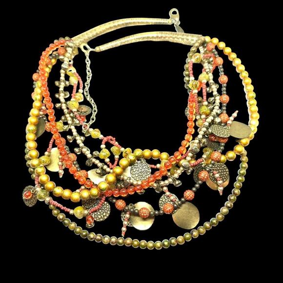 Vintage TRESKA Necklace Gold Tone Orange Amber Boho Multi-strand Charm Beaded - Picture 1 of 6